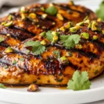 Hot Honey Grilled Chicken On A White Plate Topped With Pistachios And Fresh Herbs, Drizzled With Hot Honey
