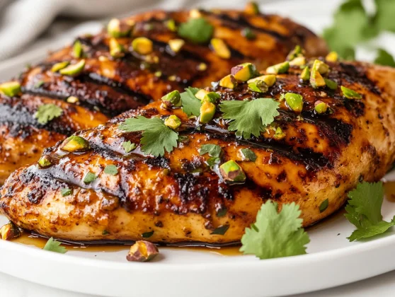 Hot Honey Grilled Chicken: The Perfect Balance Of Sweet And Spicy 2 Hot Honey Grilled Chicken On A White Plate Topped With Pistachios And Fresh Herbs, Drizzled With Hot Honey