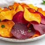How To Make Baked Veggie Chips Served On A White Plate, Featuring Crispy Sweet Potato And Beet Slices Garnished With Fresh Parsley.
