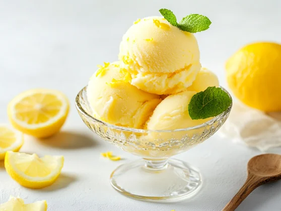 How To Make Lemon Sorbet: Easy &Amp; Nutritious Recipe 2 How To Make Lemon Sorbet In A Glass Bowl, Garnished With Lemon Zest And Mint On A White Background