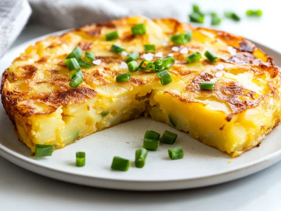 How To Make Spanish Tortilla: A Healthy, Easy Recipe You’ll Love 2 How To Make Spanish Tortilla Served On A White Plate, Garnished With Green Onions And Sprinkled With Salt