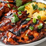 Huli Huli Chicken Grill Served On A White Plate With Grilled Pineapple And Scallion Garnish