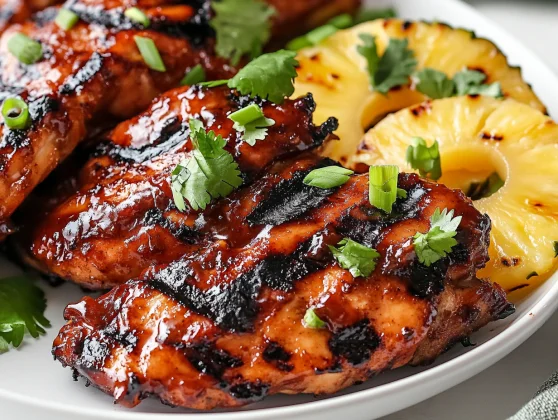 Huli Huli Chicken Grill Served On A White Plate With Grilled Pineapple And Scallion Garnish