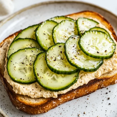 Hummus Toast With Pickled Cucumber On A White Plate, Topped With Cracked Pepper And Served With A Fresh Kitchen Towel