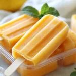 Lemon Apricot Popsicles In A Clear Mold, Garnished With Fresh Mint And Set On A White Towel