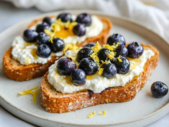 Lemon Blueberry Toast: Easy, Healthy, And Delicious Ricotta Toast Recipe 2 Lemon Blueberry Toast Topped With Ricotta, Fresh Blueberries, And Lemon Zest On A White Plate
