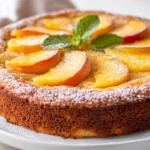 Light Peach Cake With Almond Flour, Topped With Peach Slices And Powdered Sugar, Served On A White Plate.
