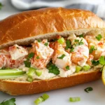 Healthy Lobster Roll Sandwich On A White Plate Garnished With Celery, Scallions, And A Lemon Wedge