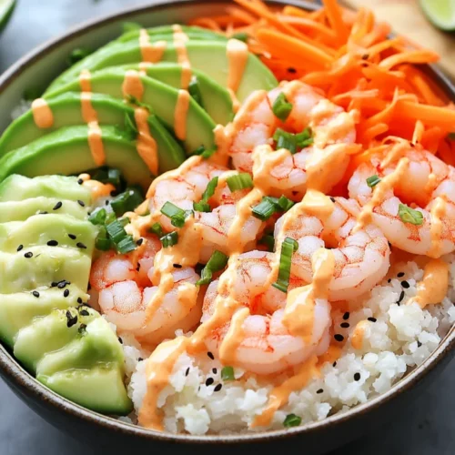 Low Carb Shrimp Sushi Bowl: Quick, Healthy &Amp; Delicious 2 Colorful Low Carb Shrimp Sushi Bowl With Riced Cauliflower, Shrimp, Avocado, Cucumbers, And Lime Wedges.