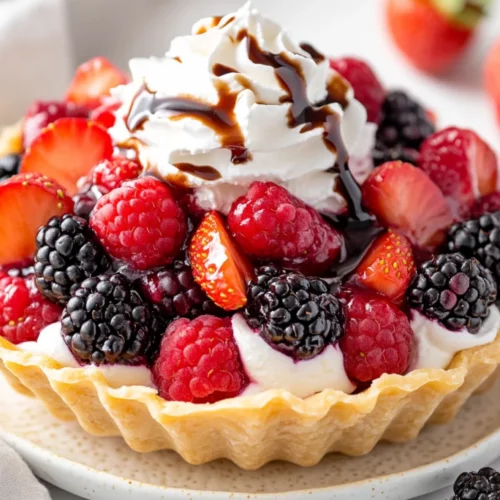 Macerated Mixed Berries Dessert In Easy Dessert Shells 2 Macerated Mixed Berries Dessert Served In A Dessert Shell, Topped With Fat-Free Cool Whip And Fresh Berries