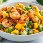 Mango Avocado Shrimp Salad In A White Bowl, Garnished With Cilantro And Chili Flakes, Drizzled With Lime Dressing