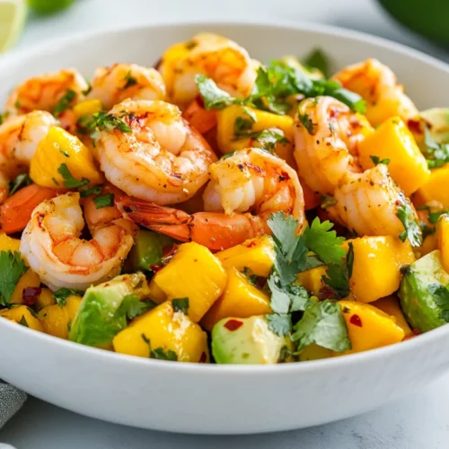 Mango Avocado Shrimp Salad With Spicy Lime Dressing 2 Mango Avocado Shrimp Salad In A White Bowl, Garnished With Cilantro And Chili Flakes, Drizzled With Lime Dressing