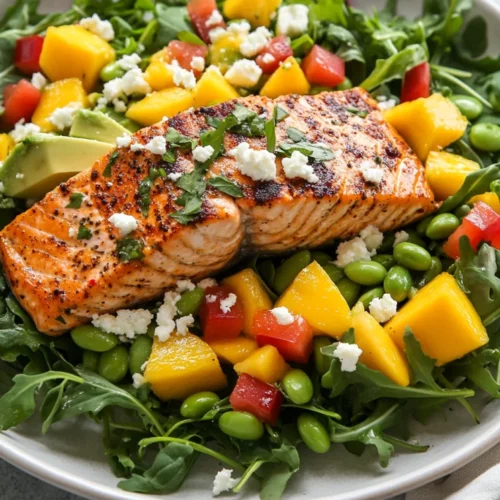 Mango Salmon Salad With Chile Lime Dressing | Healthy &Amp; Delicious 2 Mango Salmon Salad On A White Plate With Fresh Herbs, Feta, And Colorful Vegetables