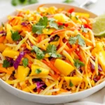 Vibrant Mango Slaw In A White Bowl Garnished With Cilantro And Lime Wedges
