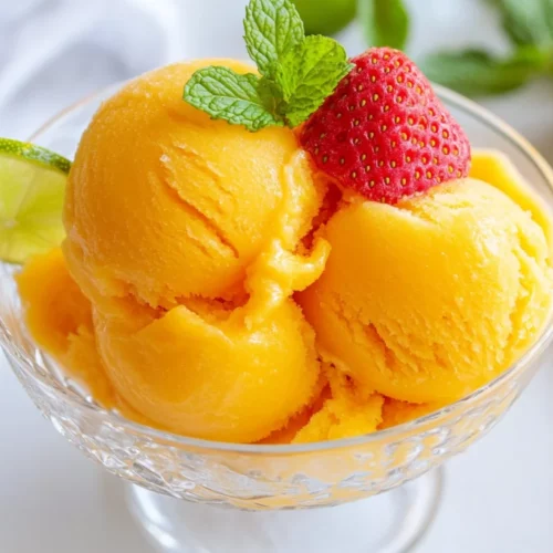 Bowl Of Mango Strawberry Sorbet Garnished With Mint Leaves And Lime On A White Plate