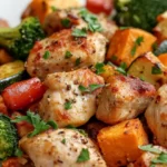 Meal Prep Chicken And Vegetables On A White Plate, Garnished With Parsley And Black Pepper, Showcasing Vibrant Colors.