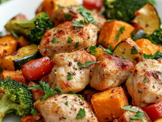 Meal Prep Chicken And Vegetables On A White Plate, Garnished With Parsley And Black Pepper, Showcasing Vibrant Colors.