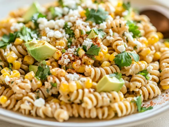 Mexican Street Corn Pasta Salad With Gluten-Free Option 2 Colorful Mexican Street Corn Pasta Salad Served On A White Plate, Garnished With Cotija Cheese And Fresh Cilantro