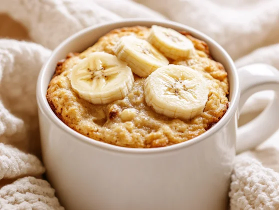 Warm Microwave Banana Bread Mug Topped With Banana Slices On A White Background