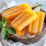 Close-Up Of Refreshing Nectarine Popsicles With Bits Of Fruit, On A Wooden Mold With Fresh Mint Leaves