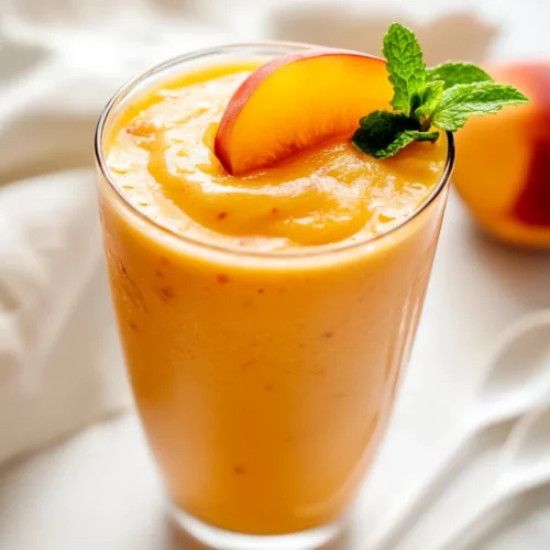 Refreshing Nectarine Smoothie In A Clear Glass, Garnished With Nectarine Slice And Mint On A White Surface