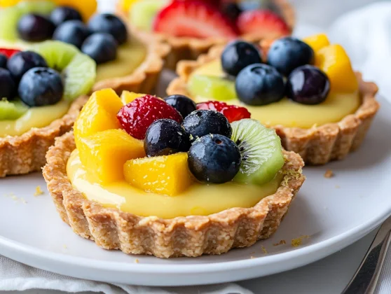 No-Bake Lemon Tarts With Fruit: Easy And Healthy Dessert 2 No-Bake Lemon Tarts With Fruit Topped With Fresh Strawberries, Kiwi, Blueberries, And Mango On A White Plate