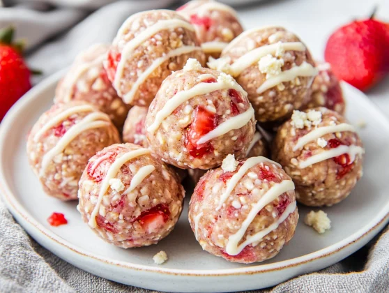 Plate Of No-Bake Strawberry Protein Balls Drizzled With White Chocolate And Topped With Crushed Strawberries