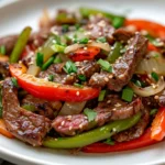 One Pan Pepper Steak Served On A White Plate, Garnished With Scallions And Sesame Seeds, Colorful And Steaming Hot.