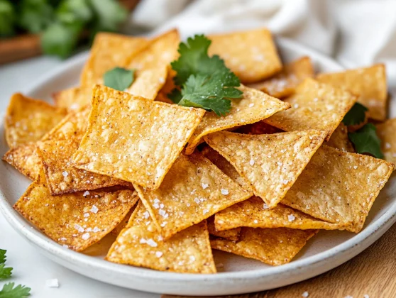 Crispy Oven Baked Tortilla Chips On A White Plate Garnished With Fresh Cilantro Leaves