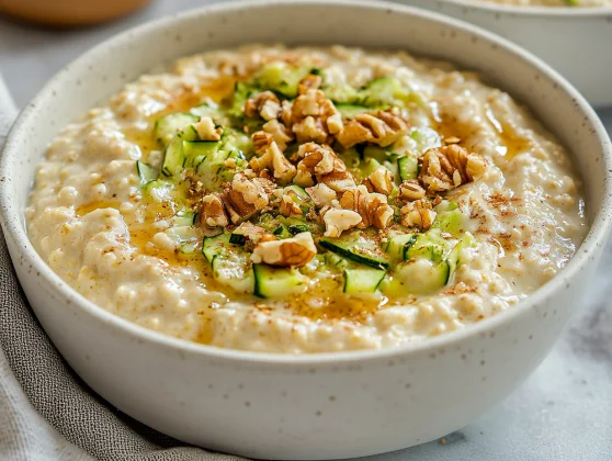 Overnight Oats With Zucchini: A Healthy, Protein-Packed Breakfast 2 Bowl Of Overnight Oats With Zucchini Topped With Chopped Walnuts And Maple Syrup, Against A Neutral Background.