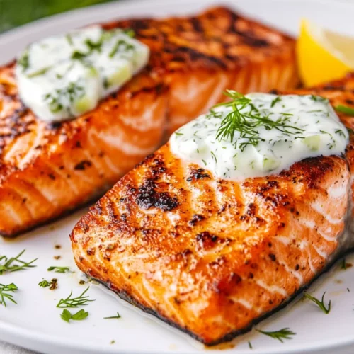 Pan-Seared Salmon With Dill Sauce On A White Plate Garnished With Fresh Dill And A Lemon Slice
