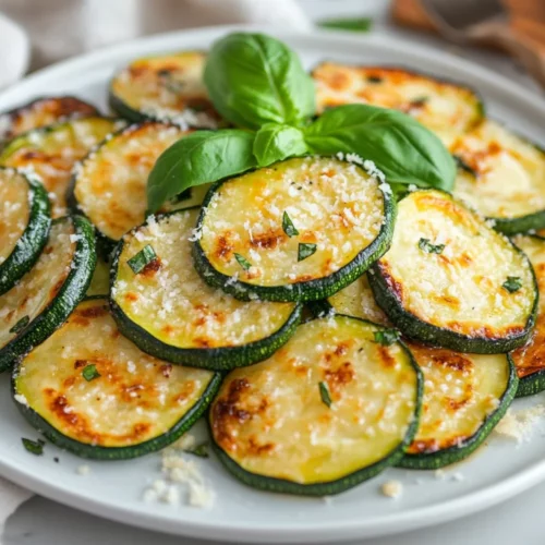 Plate Of Golden Parmesan Zucchini Slices Garnished With Fresh Basil On A White Background