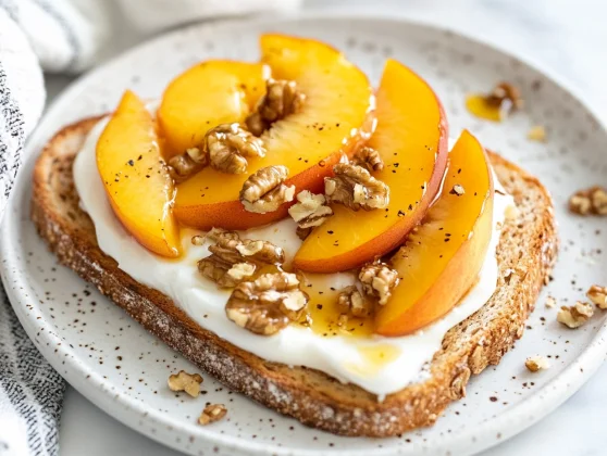 Peach Toast Breakfast: A Quick, Delicious &Amp; Nutritious Start 2 Peach Toast Breakfast On A White Plate Topped With Yogurt, Peach Slices, And Walnuts, Drizzled With Honey.