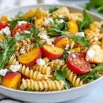 Vibrant Peach Tomato Corn Pasta Salad In A White Bowl Topped With Feta Cheese And Cracked Pepper