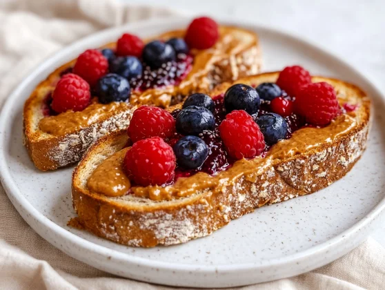 Peanut Butter Chia Jam Toast: A Healthy Breakfast Idea You’ll Love 2 Peanut Butter Chia Jam Toast On A White Plate, Topped With Vibrant Berry Chia Jam And Creamy Peanut Butter.