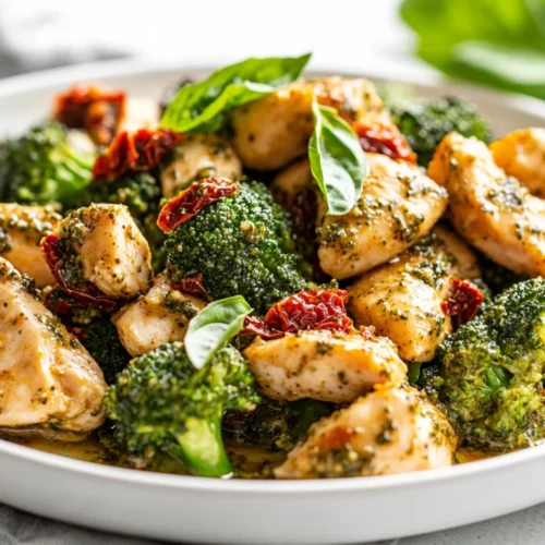 Pesto Chicken Broccoli: A Quick, Healthy Dinner Packed With Flavor 2 Plate Of Pesto Chicken Broccoli With Sun-Dried Tomatoes And Fresh Basil, Showcasing Vibrant Colors And Textures