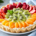 Phyllo Fruit Tart Topped With Kiwi, Strawberries, And Mandarin Oranges On A White Plate, Garnished With Mint