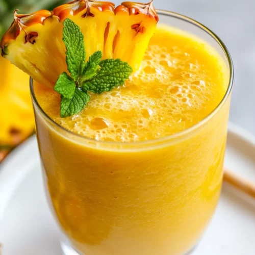 Pineapple Banana Orange Smoothie: A Healthy And Easy Recipe 2 Pineapple Banana Orange Smoothie In A Clear Glass Garnished With Pineapple Slice And Mint On A White Plate