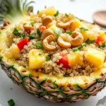 Pineapple Quinoa Bowl In A Pineapple Boat Filled With Quinoa, Fresh Pineapple, And Colorful Vegetables Topped With Cashews
