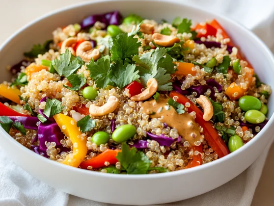 A Colorful Quinoa Vegetable Salad In A White Bowl Drizzled With Creamy Peanut Dressing And Topped With Cashews.