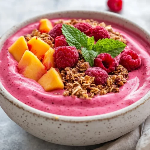 Bowl Of Raspberry Peach Smoothie Bowl Topped With Granola, Fresh Raspberries, And Diced Peaches