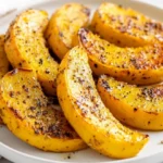 Plated Roasted Yellow Squash With Caramelized Edges, Garnished With Black Pepper And Olive Oil.