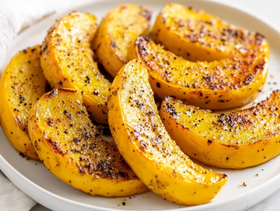 Plated Roasted Yellow Squash With Caramelized Edges, Garnished With Black Pepper And Olive Oil.