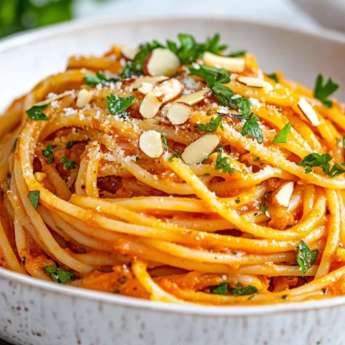 Romesco Pasta Dish: Quick, Healthy, And Flavor-Packed Meal 2 Delicious Romesco Pasta Dish Topped With Marcona Almonds And Fresh Parsley In A White Bowl