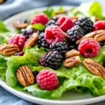Healthy Salad With Berries And Pecans Served On A White Plate, Garnished With Vibrant Raspberries And Blackberries