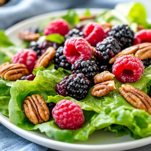 Healthy Salad With Berries And Pecans: Quick &Amp; Delicious Recipe 2 Healthy Salad With Berries And Pecans Served On A White Plate, Garnished With Vibrant Raspberries And Blackberries