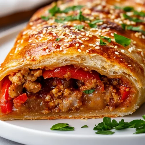 Sausage And Pepper Stromboli On A White Plate, Showcasing Melted Cheese And Colorful Filling