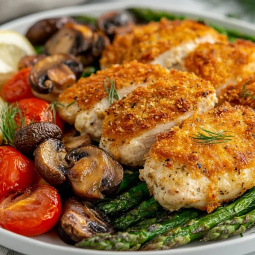 Plate Of Sheet Pan Chicken With Vegetables Garnished With Fresh Dill And Lemon Wedges On A Neutral Background