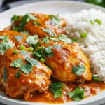 Served Slow Cooker Caribbean Curried Chicken Garnished With Green Onions On A White Plate With Fluffy Rice.