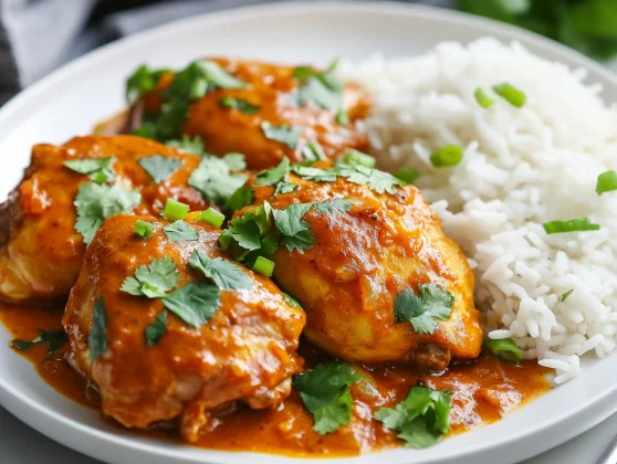 Slow Cooker Caribbean Curried Chicken - Healthy &Amp; Flavorful Recipe 2 Served Slow Cooker Caribbean Curried Chicken Garnished With Green Onions On A White Plate With Fluffy Rice.